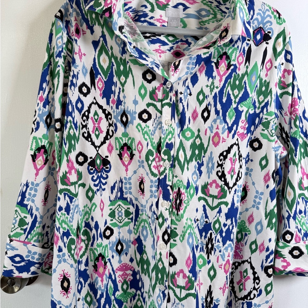 Chico's White Ikat Print Button-Up Shirt with Green, Blue and‎ Pink Accents